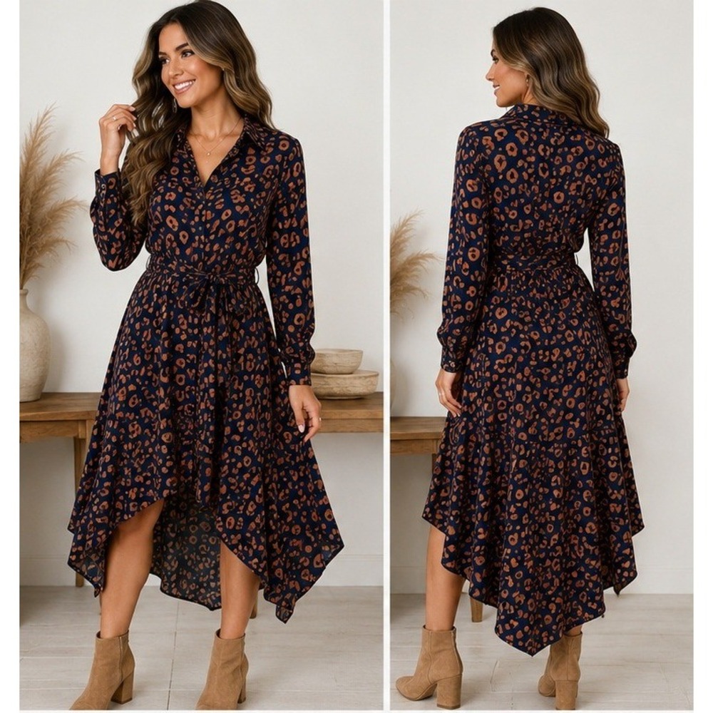 PINCH Shirt Dress Women Small Animal Print Navy Cognac Asymmetrical Tiered Hem